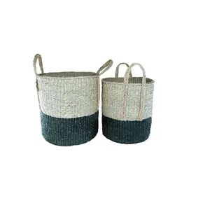 Brand new design seagrass beach basket caixa de armazenamento cesta natural para armazenamento cesta com alças casa e cozinha