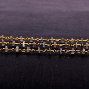 Chaîne à maillons en pierre précieuse bleue de labradorite plaquée or, chaîne de chapelet enveloppé de fil, perles lisses, fabrication de collier, fournisseur de bijoux - Product Image 3