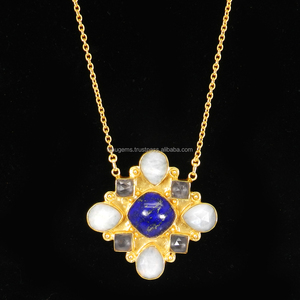 Colgante de cadena de diseño chapado en oro de 18 quilates con piedra lunar arcoíris, lapislázuli, piedras preciosas de cuarzo rosa, estilo clásico hecho de aleación - Product Image 3