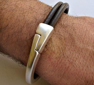 Leather <b>Mens</b> Bracelet <b>Mens</b> Leather Bracelet Cuff Brown Black <b>Silver</b> Plated - Product Image 1