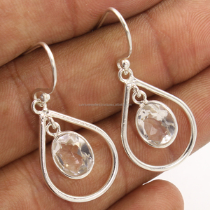 Lovely 925 Solid <b>Sterling</b> <b>Silver</b> Natural CRYSTAL QUARTZ Gemstones Oval Cut Handmade Third Party Certified <b>Dangle</b> <b>Earrings</b> - Product Image 2