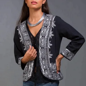 Chaqueta con bordado negro para mujer, Chaqueta abierta, estilo bohemio, ropa de fiesta bordada