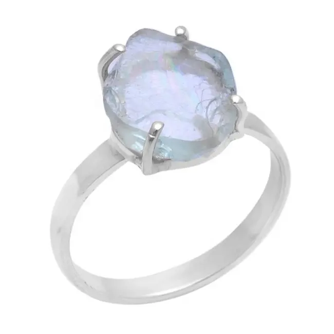925 Sterling Silver Aquamarine Rough Gemstone Ring Jewelry
