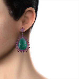 925 Sterling Silver Pave Diamond Ruby <b>Emerald</b> Gemstone Dangle <b>Earrings</b> Jewelry Supplier - Product Image 2