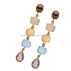 Pendiente chapado en oro de Plata de Ley 925, cuarzo ahumado, piedra lunar arcoíris, Cuarzo Rosa, Topacio Azul, amatista, pendiente de piedras preciosas. - Product Image 1