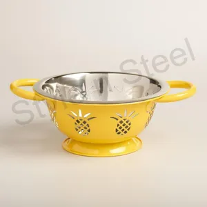 Deep <b>Colander</b> Pineapple Punching Colored Food Container Japan Stainless Deep <b>Colander</b> with Base Handles <b>Small</b> - Product Image 1