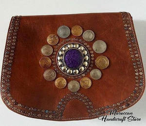 Bolso de mano de cuero genuino para mujer marroquí con patrón geométrico y piedras Bolsa de viaje de moda - Product Image 1