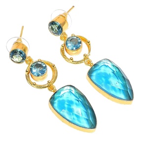 ต่างหูทองเหลืองชุบทองที่สวยงามจริงต่างหูควอตซ์สีน้ำเงินบุษราคัมอัญมณีแฟชั่น - Product Image 1