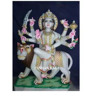 Esportatore di marmo bianco puro Durga Maa con statua di leone tempio e decorazione regali scopo Sherawali Mata Lion