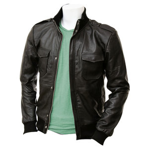 Chaqueta Bomber de Cuero de Oveja Negra para Hombre - Todas las Tallas Disponibles - Product Image 1