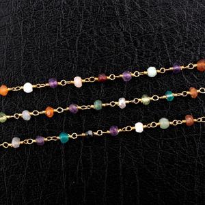 One Feet Multi Semi Stone <b>Gold</b> Plated Wire Wrapped Link <b>Rosary</b> Beads Chain - Product Image 2