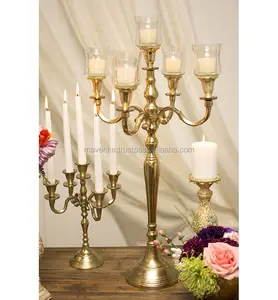 Candelabros de 5 brazos de latón dorado hechos a mano con tazas de vidrio decoradas votivas boda ceremonia decoración centro de mesa - Product Image 1