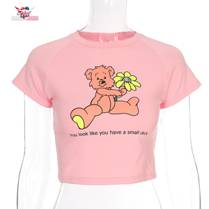 T-shirt à col rond lavé pour femmes, vintage, haut court, imprimé, joli t-shirt à manches courtes - Product Image 6