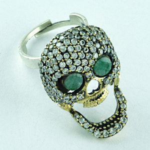 Halloween calavera Esmeralda Ágata y Zirconia cúbica piedra preciosa 925 plata esterlina anillo de joyería de dos tonos - Product Image 2