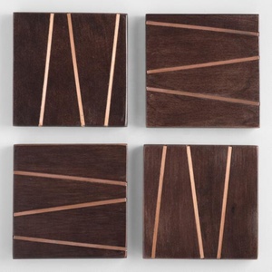 Modern Wood Square <b>Coaster</b> Set of 4 with Metal Striped Inlay Stylish Wooden <b>Drink</b> <b>Coasters</b> for Home Office Bar or Gift Packaging - Product Image 2