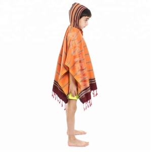 เสื้อปอนโชเด็กน่ารักมีฮู้ด,ผ้า Pestemal บางสีส้มและพู่จากตุรกี Peshtemal ผลิตผ้าฝ้าย100 - Product Image 3