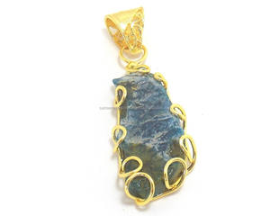 Natural Agate Slice Gemstone With Gold Plated <b>Wire</b> Wrapped Long Shape Stylish Jewelry Necklace Pendant - Product Image 1