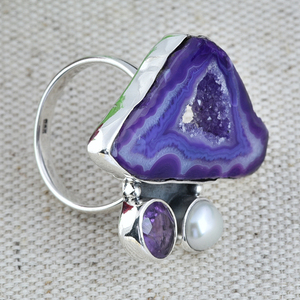 Bague unisexe en argent sterling 925 avec perle d'améthyste Druzy, bijoux fantaisie à la mode pour les mariages ou les fêtes - Product Image 3