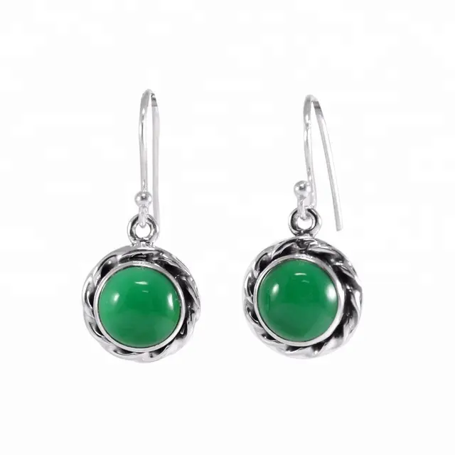 Vintage Style Women Jewelry Charm Natural Green Onyx 925 Wholesale Gemstone Sterling Silver Handmade Earring Jewelry