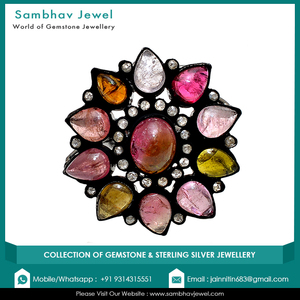 แหวนเพชรทัวร์มาลีนธรรมชาติแบบแฮนด์เมดแนววินเทจ925อัญมณีเงินสเตอร์ลิงออกซิไดซ์โบราณสำหรับงานแต่งงานของผู้หญิง - Product Image 3