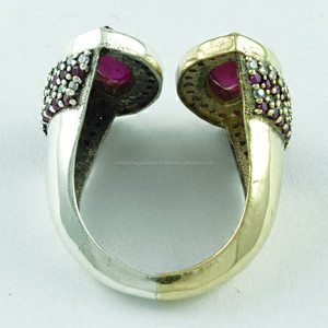 แหวนเงินแท้925ดีไซน์เนอร์พลอยเซอร์โคเนียทับทิมและคิวบิกแบบสองโทนสำหรับงานแต่งงานหรืองานปาร์ตี้-ขายส่งในอินเดีย - Product Image 4