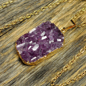 Collar llamativo de latón largo de 18 pulgadas, amatista, Ágata Druzy, chapado sin níquel, regalo perfecto para fiestas, aniversarios - Product Image 1