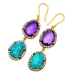 พลอยอเมทิสต์สีเทอร์ควอยซ์มีง่าม925ต่างหูแฟชั่นชุบทอง - Product Image 1