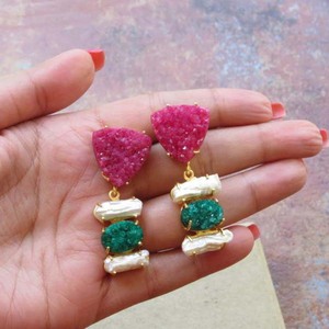 Rose vert Druzy pierres précieuses déclaration or perle boucles d'oreilles à la main boucles d'oreilles Agate principale pour les fêtes mariages cadeaux en alliage - Product Image 4