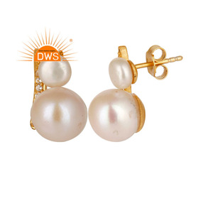 White Topaz Natural Pearl Gemstone Stud Earrings Gold Plated Designer Silver Earrings Jewelry Supplier - Product Image 2