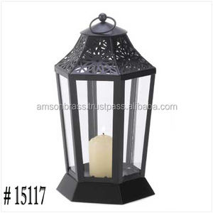 Linterna colgante de Navidad hecha a mano, candelabro de hierro y vidrio de Metal en forma de hexágono - Product Image 3