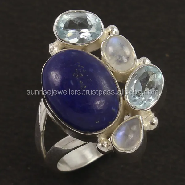 Kombinasi Bagus dari LAPIS LAZULI, TOPAZ Biru & Pelangi MOONSTONE 925 Cincin Perak Sterling, Perhiasan Perak Batu Permata