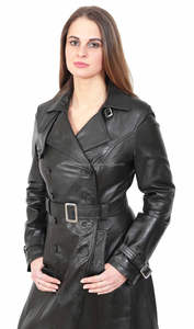 Chaqueta larga de piel auténtica para mujer, abrigo negro con doble botonadura, venta al por mayor - Product Image 4
