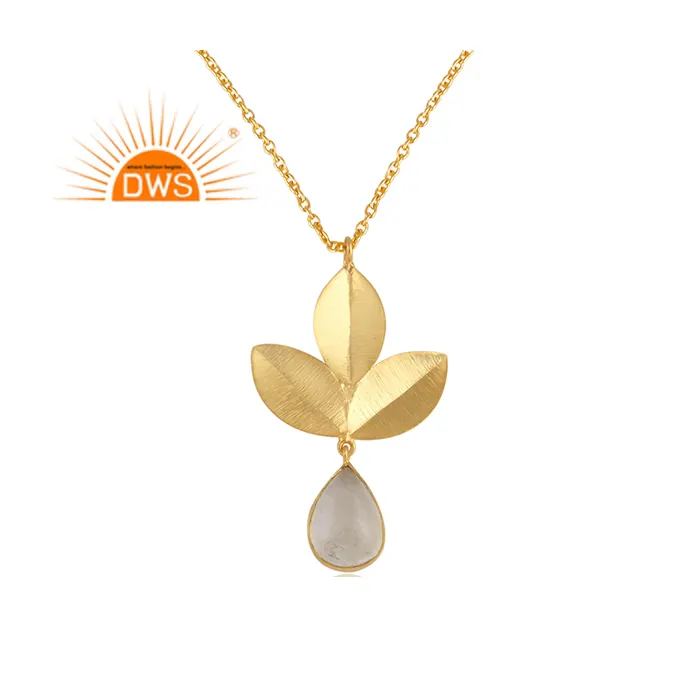 Leaf Design Gold Plated Brass Pendant Rainbow Moonstone Fashion Chain Necklace Jewelry Supplier