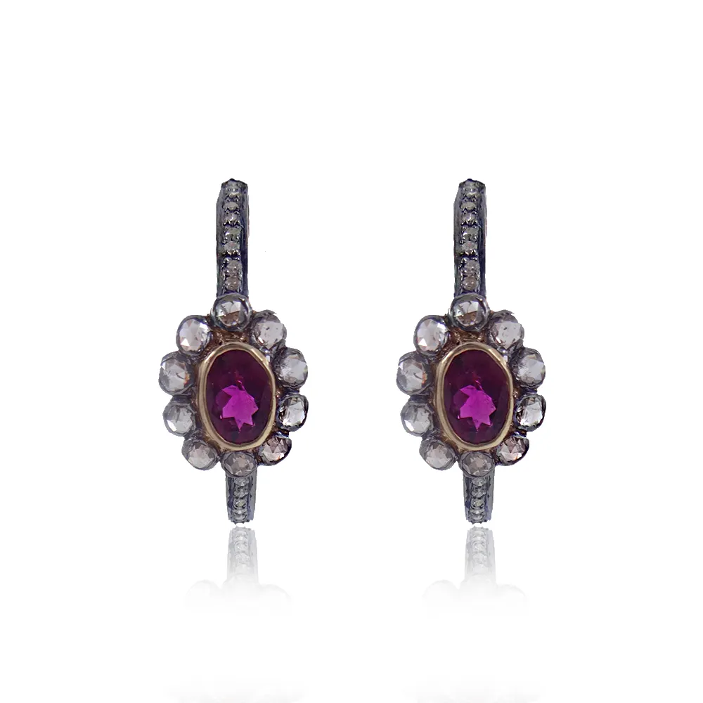 Pink-Tourmaline Hoop Pave Diamond Earrings Wholesale 925 Silver Hoop Jewelry