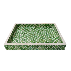 Bandeja de incrustaciones de hueso marroquí, hecha a mano, verde Damasco y blanco, bandeja de servicio artesanal para todo uso - Product Image 1
