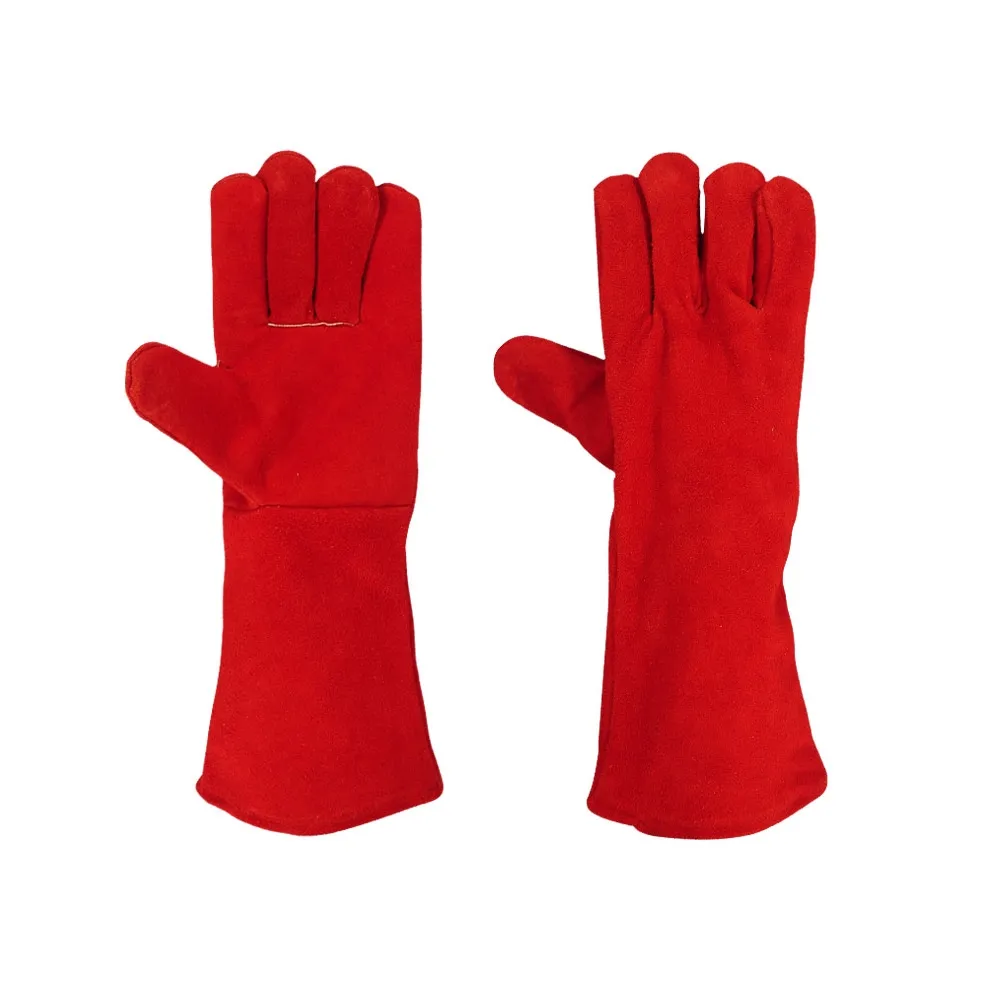 Red men safety flame retardant thread cowhide welder guantlet gloves fleece liner welding gloves