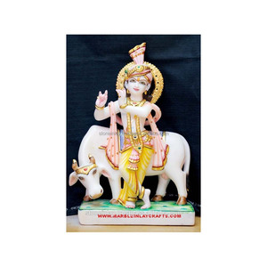 Dios Krishna ji de Mármol Blanco Hecho a Mano con Vaca - Product Image 1