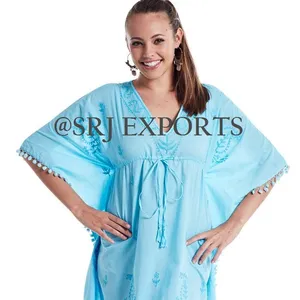 Купить женскую одежду, модный красивый вышитый дышащий хлопковый кафтан с V-образным вырезом, завязками и помпонами, индийский пляжный