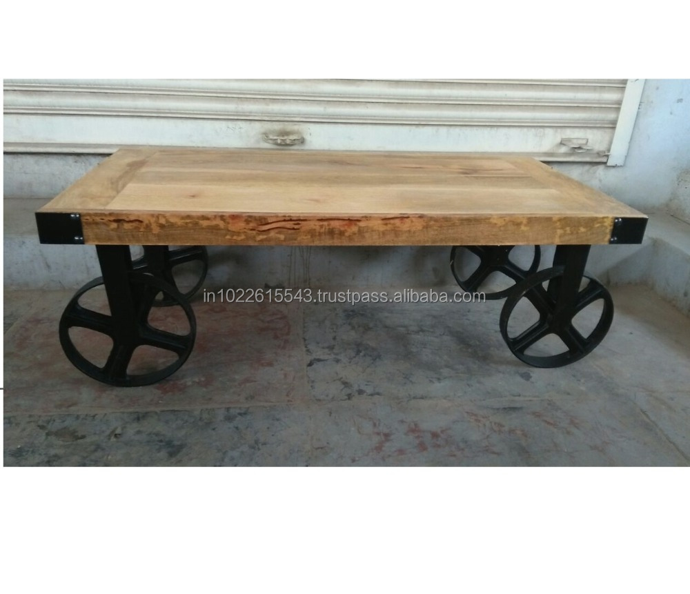 Industrial Mango Wood Coffee Table With Wheels, Antique Mango Wood Coffee Table with wheels