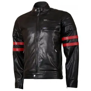 Wolverine BlackとRed Strips Biker X-Men Leather Jacket