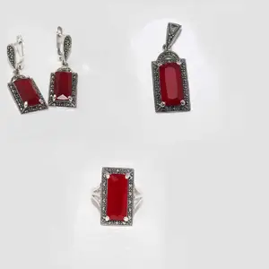 925 Sterling Silver Red Stone With Marcasite Gemstone Pendant-Ring-Earring Jewelry Set For Wholesale