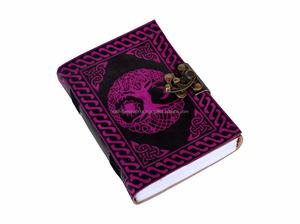 Arbre de vie rond en relief avec soleil et lune rose foncé avec cahier à couverture rigide en cuir véritable noir avec serrure en C en laiton antique - Product Image 4