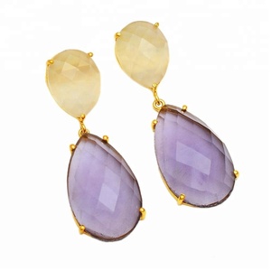 Boucles d'oreilles pendantes vintage pour femmes en argent sterling 925 faites à la main, avec chalcédoine blanche naturelle et améthyste, plaquées or, pour mariage - Product Image 1