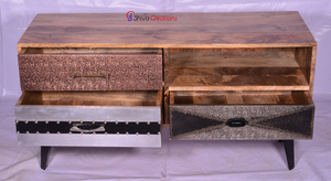 Meuble TV moderne en bois massif et métal indien, 4 portes, 3 tiroirs, design miroir, écologique, fait à la main, solution de rangement, école, sous-sol - Product Image 3