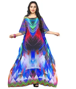 Vrouwen Stijlvolle Fusion 3D Gedrukt Georgette Party Wear Strand Kaftan (Innerlijke Niet Inbegrepen)