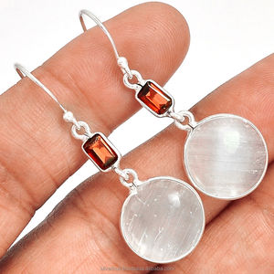 Selenite and <b>Garnet</b> Gemstone Silver Dangle <b>Earrings</b> for Women Healing Gemstone Solid Silver <b>Earrings</b> For Wholesale Supplier ODM - Product Image 5