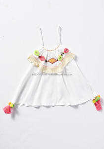 Boutique Kids Hand Embroidery & Bead Embellishment Spaghetti Strap Cute Girls Mini Dress With Fringe Lace & Tassel Pom Pom Decor - Product Image 2