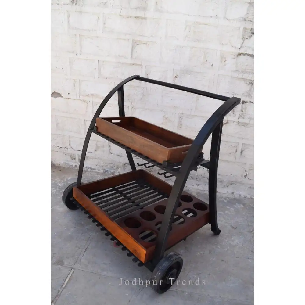 Industrial Iron Mango Wood Kitchen Service Trolley With Adjustable Wheel