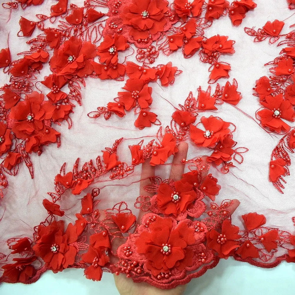 Luxury peach handmade applique rhinestones lace fabric with pearls french 3d flower tulle lace dress fabric HY0868-3