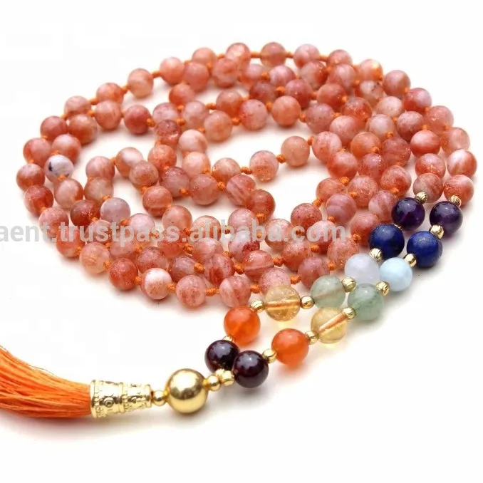 Beli Perhiasan Yoga Trendi Rosario Natural Sunstone 7 Chakra Gemstone 108 Manik Spiritual Mala Beads Kalung